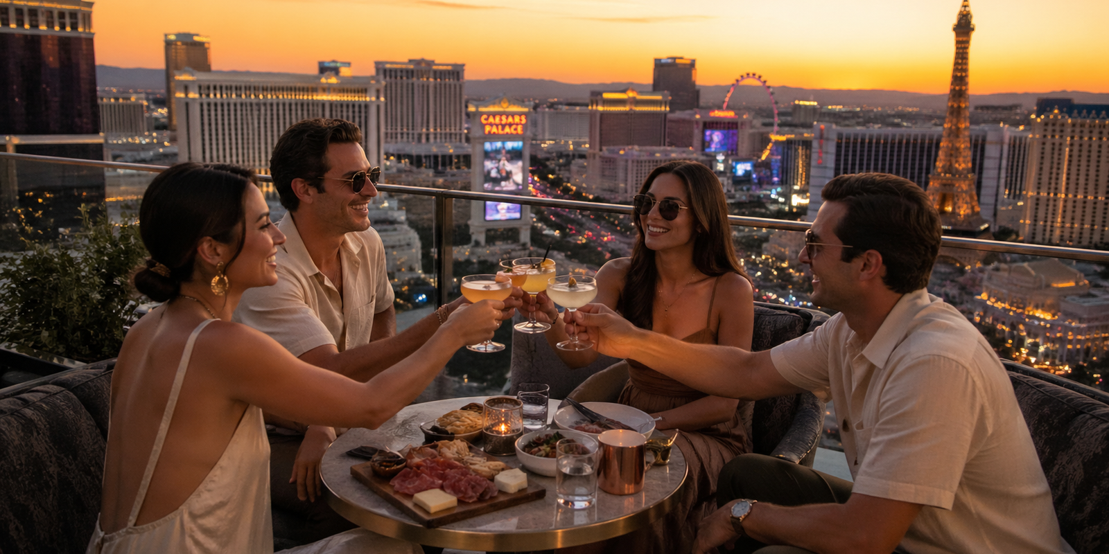 Couples at a rooftop bar