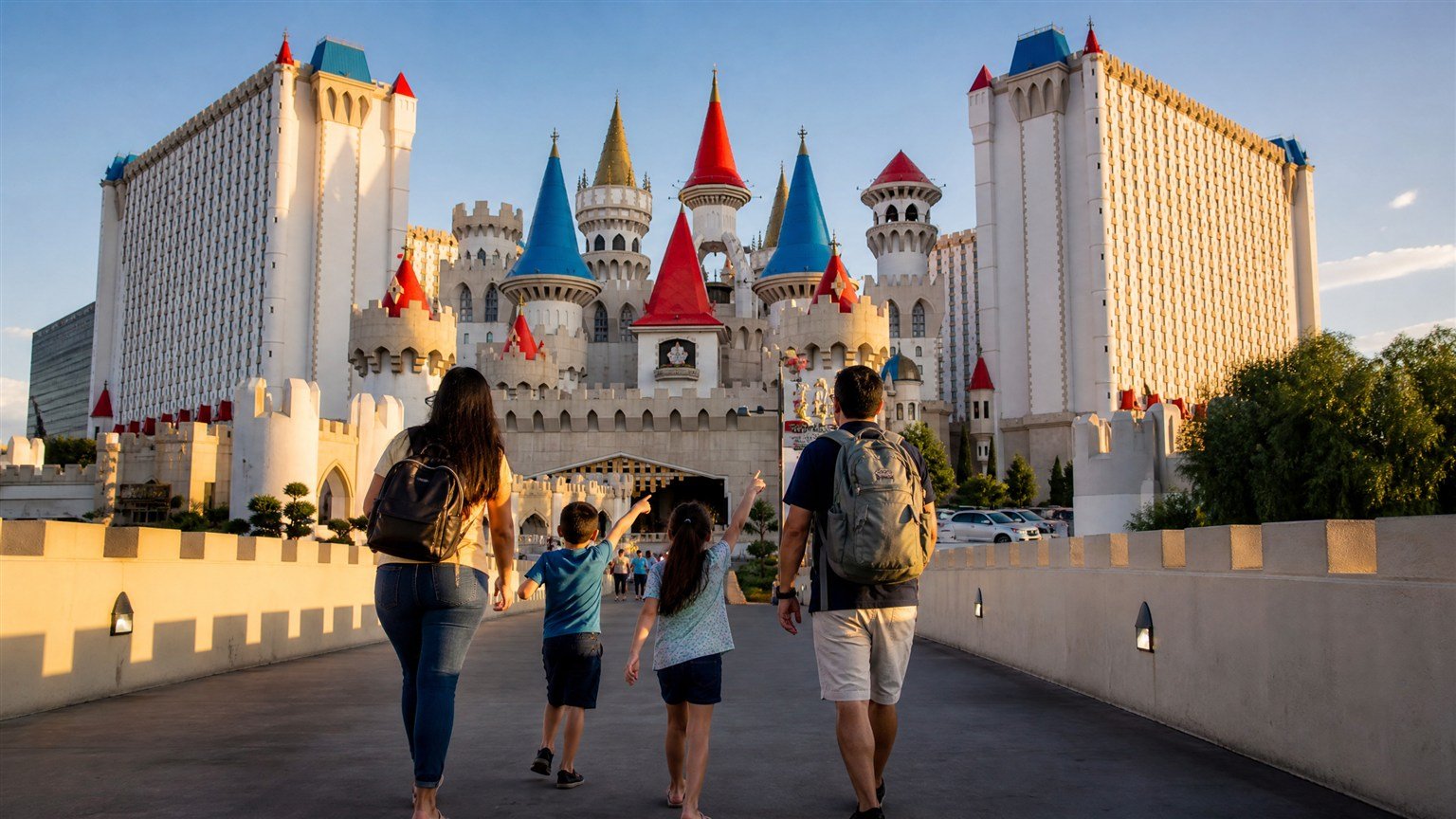 Family arriving at the castle exterior of Excalibur Hotel, a quirky hotel in Las Vegas