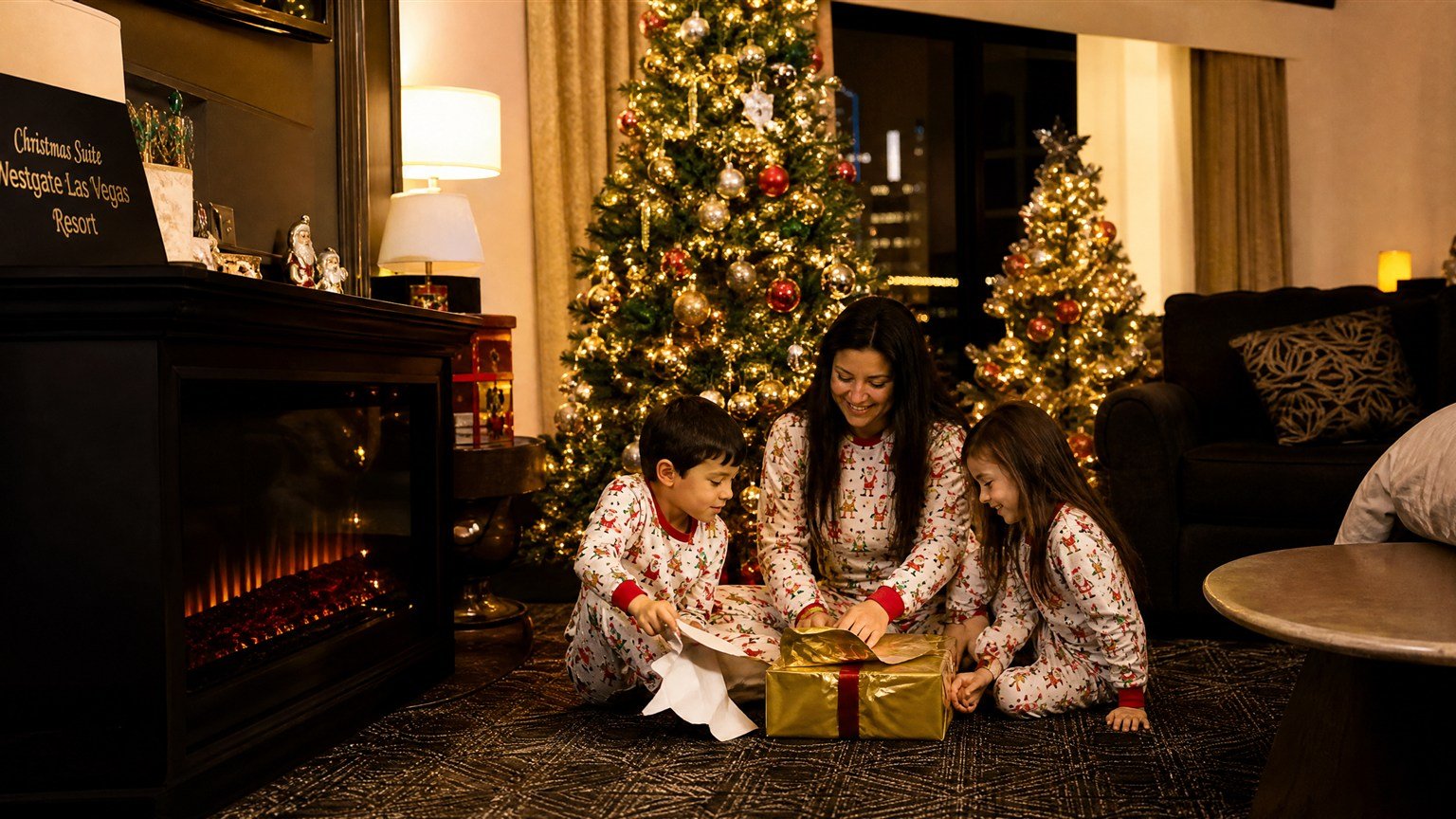 Family opening gifts in the Christmas themed hotel suite at Westgate Las Vegas
