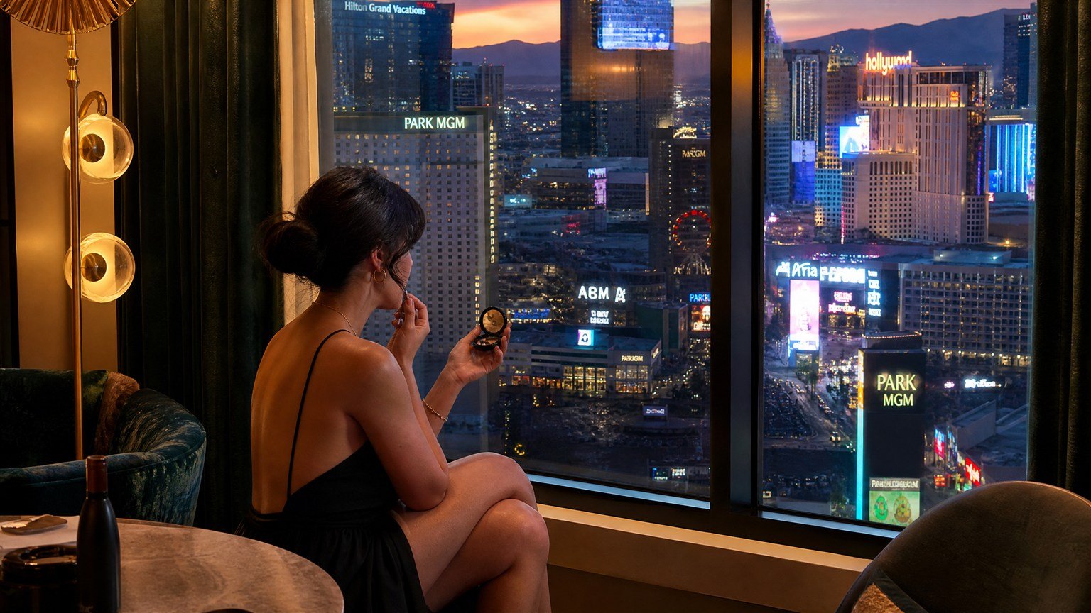 Woman getting ready in a retro glam Nightingale Suite at Park MGM, a romantic themed hotel suite in Las Vegas
