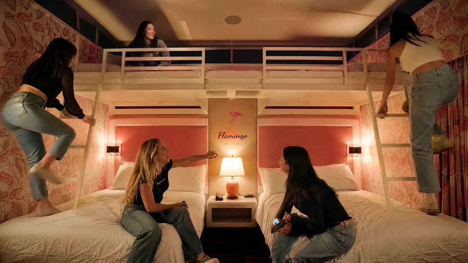 Girlfriends in a Bunk Bed Room at Flamingo Las Vegas, a budget-friendly unique hotel room