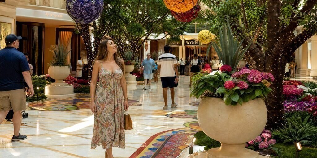 Woman walking through the flower-filled atrium at Wynn Las Vegas Woman walking through the flower-filled atrium at Wynn Las Vegas
