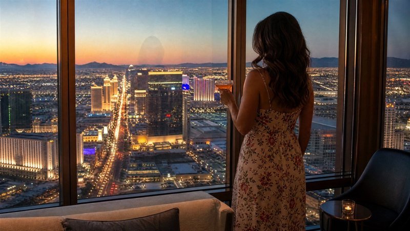 Woman with a cocktail looking out at the Las Vegas Strip at dusk from the Waldorf Astoria sky lobby on a luxury Las Vegas trip on a budget